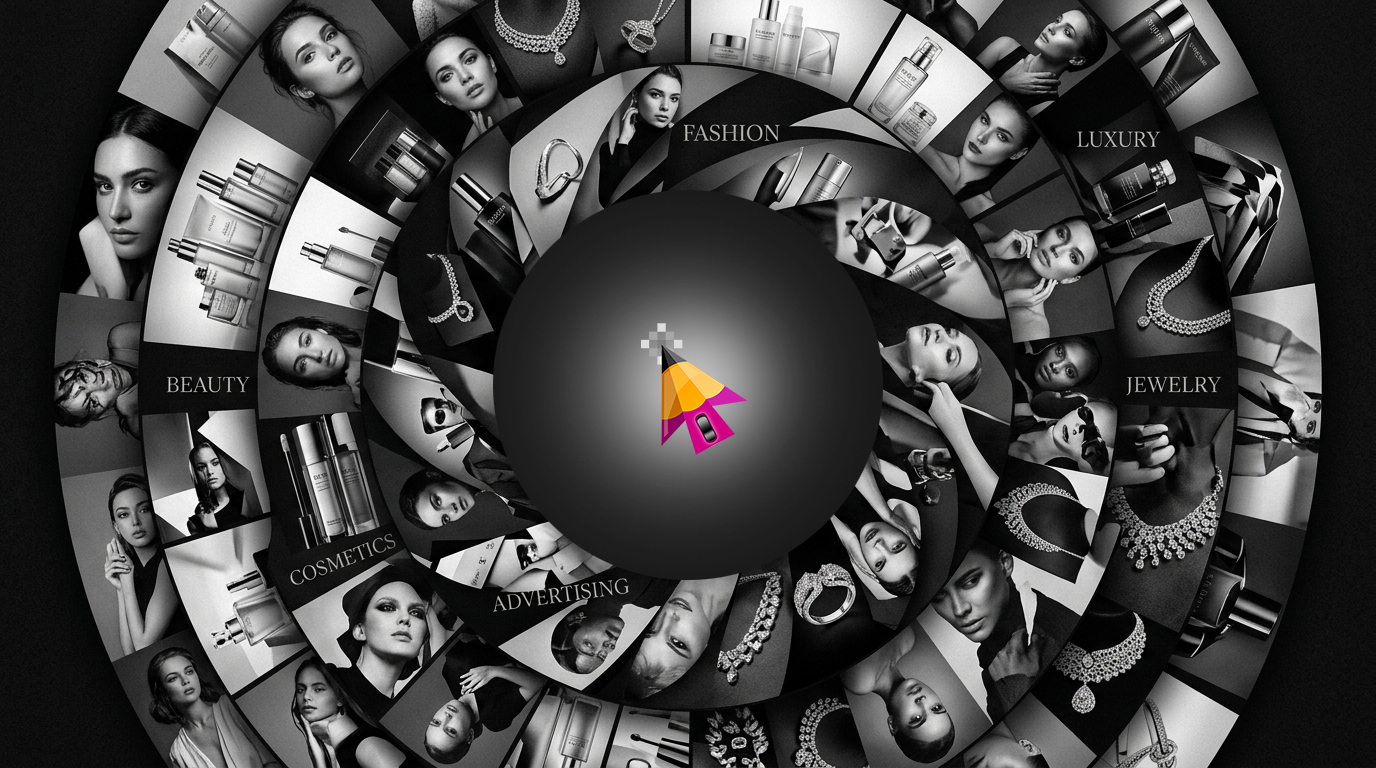 Radial Creative Portfolio Collage with Vibrant Retouch Pencil Icon